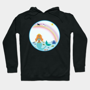 Mermaid in Sea with fish octopus crabs turtles unicorns and rainbow Hoodie